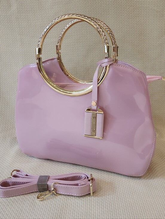 Unbranded Boutique Handbags - Pink Patent Leather Satchel Gold Ring Top Handle Crossbody Bag Structured Purse